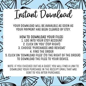 K&ouml;nnte beinhalten: Eine blaue und wei&szlig;e Grafik mit dem Text "Sofort-Download" und Anweisungen zum Herunterladen digitaler Dateien von Etsy. Der Text enth&auml;lt Folgendes: "Ihr Download ist verf&uuml;gbar, sobald Ihre Zahlung von Etsy freigegeben wurde."