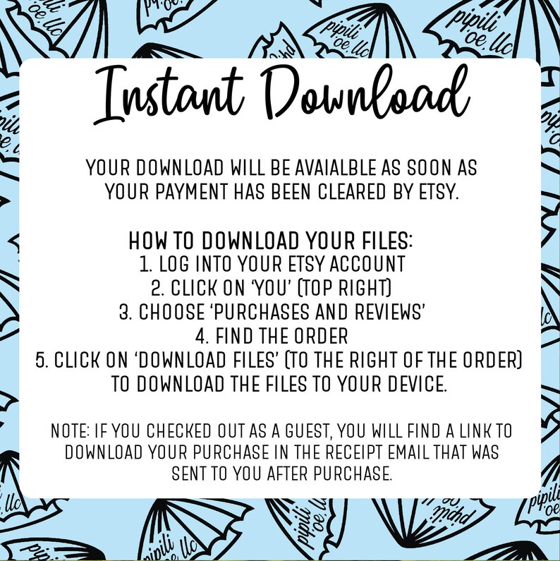 K&ouml;nnte beinhalten: Eine blaue und wei&szlig;e Grafik mit dem Text "Sofort-Download" und Anweisungen zum Herunterladen digitaler Dateien von Etsy. Der Text enth&auml;lt Folgendes: "Ihr Download ist verf&uuml;gbar, sobald Ihre Zahlung von Etsy freigegeben wurde."