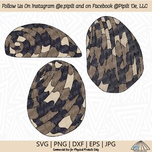 May include: Three digital cut files of seashells in a camouflage pattern. The shells are in shades of brown, beige, and black. The text "SVG | PNG | DXF | EPS | JPG" is at the bottom of the image. The text "Commercial Use for Physical Products Only" is below the file types.