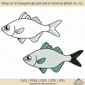 May include: A black and white line drawing of a fish, and a colored version of the same fish with a teal body and black tail fin. The text "Follow Us On Instagram @e.pipili and on Facebook @Pipili 'Oe, LLC" is at the top of the image. The text "SVG | PNG | DXF | EPS | JPG" is at the bottom of the image. The text "Commercial Use for Physical Products Only" is below the file type text.