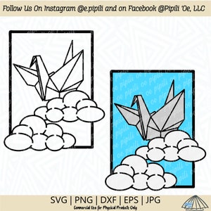 Paper Crane in Clouds SVG - Paper Crane SVG - Digital Download - Origami SVG - Paper Crane Clip Art - Paper Crane Png - Wall Decor Svg