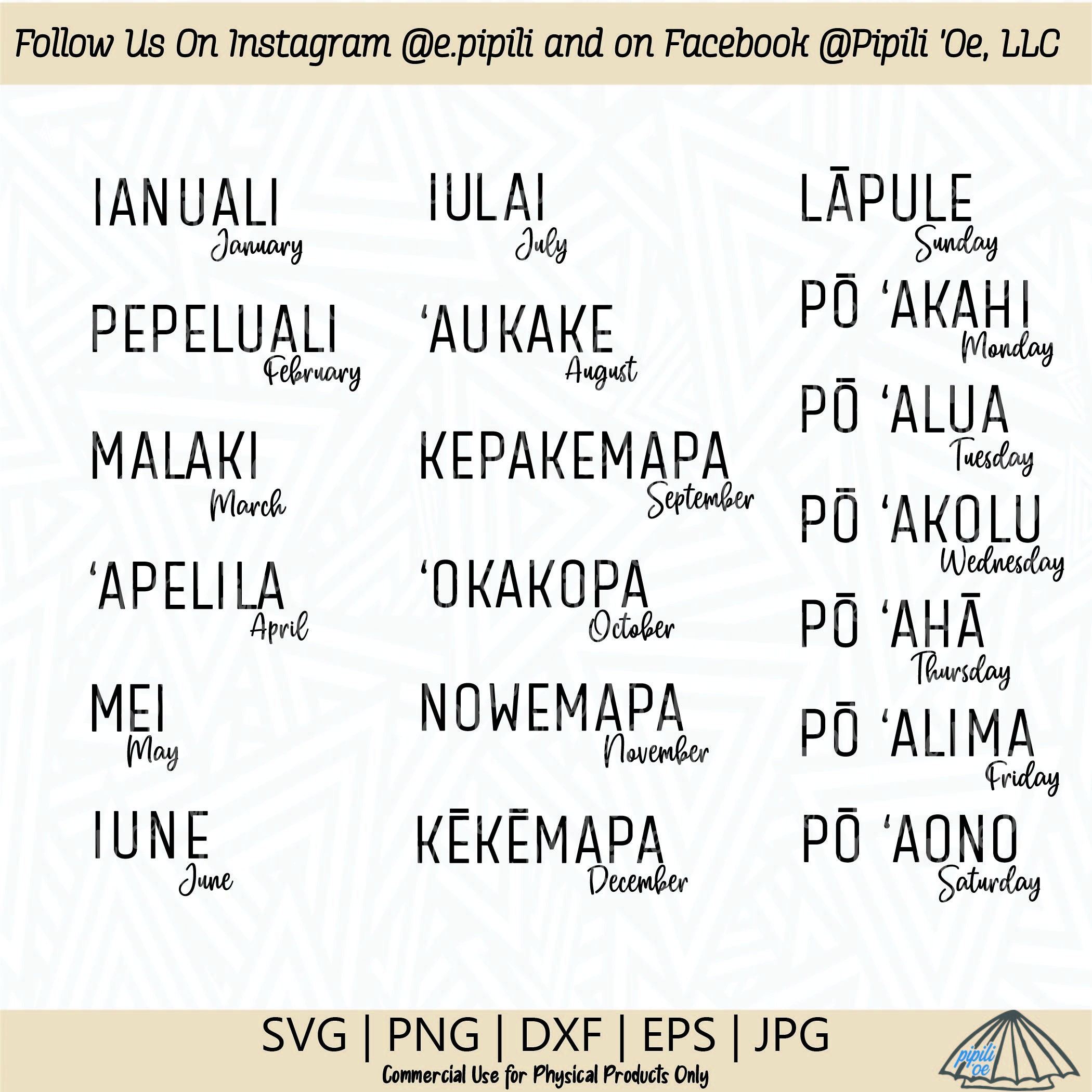 Months and Days in Hawaiian and English SVG - Hawaiian Months SVG