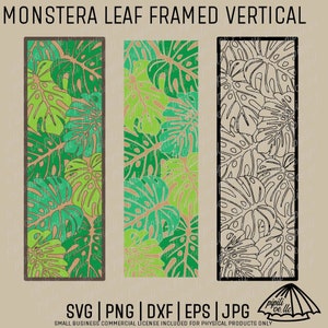 May include: Three vertical framed designs featuring a repeating pattern of green monstera leaves. The designs are in color, green and white, and black and white.