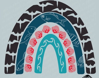 Ocean Rainbow with Ohia Lehua SVG - Anuenue SVG - Lehua Flower SVG - Iwa Bird Svg - Digital Download - Boho Rainbow Svg - Hawaii Rainbow Png