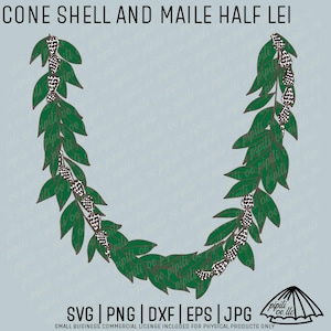 May include: A green and brown half lei made of cone shells and maile leaves. The lei is a traditional Hawaiian garland worn for special occasions.