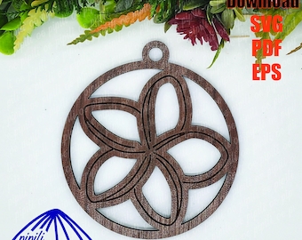 May include: A brown wooden ornament shaped like a flower with five petals. The ornament is cut out and has a hole at the top for hanging. The ornament is on a white background. Digital Download SVG PDF EPS.