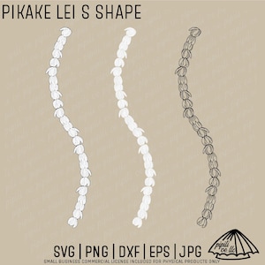 May include: Three digital illustrations of a Pikake lei in an S-shape, displayed in black outline, white outline, and black silhouette. The text PIKAKE LEI S SHAPE appears at the top, with SVG, PNG, DXF, EPS, JPG, and a logo at the bottom.