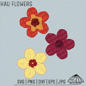 May include: Three stylized Hau flowers in red, yellow, and burgundy, each with a dark center and detailed petal lines. The text "HAU FLOWERS" is at the top. Below are file type icons: SVG, PNG, DXF, EPS, and JPG.