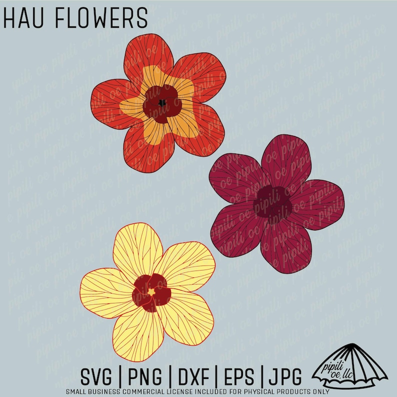 May include: Three stylized Hau flowers in red, yellow, and burgundy, each with a dark center and detailed petal lines. The text "HAU FLOWERS" is at the top. Below are file type icons: SVG, PNG, DXF, EPS, and JPG.