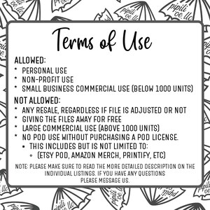 May include: A white graphic with the text "Terms of Use" in a black, handwritten font. The text lists what is allowed and not allowed, including personal, non-profit, and small business use. The graphic also includes the Etsy POD, Amazon Merch, and Printify.