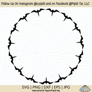 May include: Black and white silhouette of a circle with a repeating pattern of stylized birds. The text "SVG | PNG | DXF | EPS | JPG" is below the circle. The text "Commercial Use for Physical Products Only" is below the text.