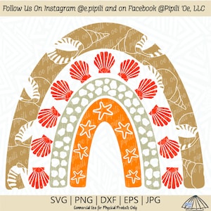 May include: A rainbow design with a beach theme. The rainbow is made up of orange, beige, and white stripes. The design is decorated with seashells, starfish, and a wave pattern.