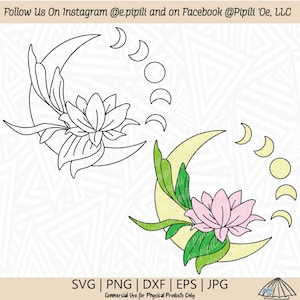 Moons and Lotus SVG - Moon SVG - Lotus SVG - Moon Phases Svg - Digitale Download - Lotus Flower Svg - Flower Png - Moon Clip Art - Floral Dxf