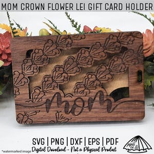 Portatarjetas de regalo con diseño de corona de flores y lei para mamá, SVG - Portatarjetas de regalo SVG - Corona de flores y lei SVG - Archivo cortado con láser - Láser hawaiano - Adorno SVG
