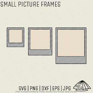 May include: Three small picture frames in varying sizes, each with a light beige center and a gray border. The text "SMALL PICTURE FRAMES" is at the top. Below are file type icons: SVG, PNG, DXF, EPS, and JPG.