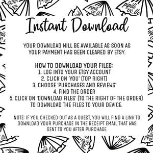 May include: White background with a repeating pattern of black umbrella illustrations. The text "Instant Download" is at the top, followed by instructions on how to download files from Etsy after purchase.