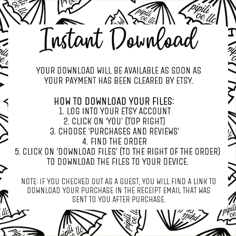 May include: White background with a repeating pattern of black umbrella illustrations. The text "Instant Download" is at the top, followed by instructions on how to download files from Etsy after purchase.