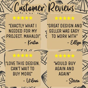 May include: A tan background with a repeating pattern of umbrellas and the text "Customer Reviews" in black. Four customer reviews are displayed in tan boxes with gold stars and customer quotes.