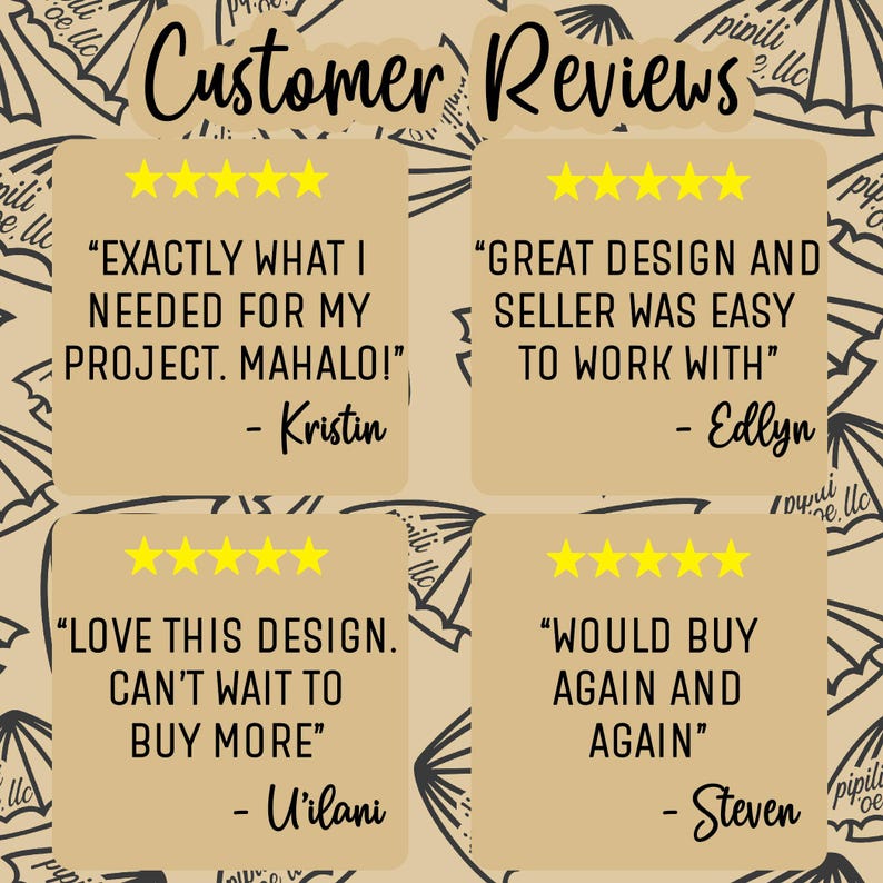May include: A tan background with a repeating pattern of umbrellas and the text "Customer Reviews" in black. Four customer reviews are displayed in tan boxes with gold stars and customer quotes.