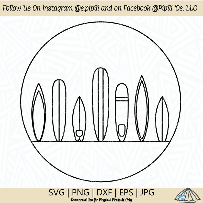 May include: Black and white line art illustration of seven surfboards of different sizes in a circle. The surfboards are arranged in a row from largest to smallest.