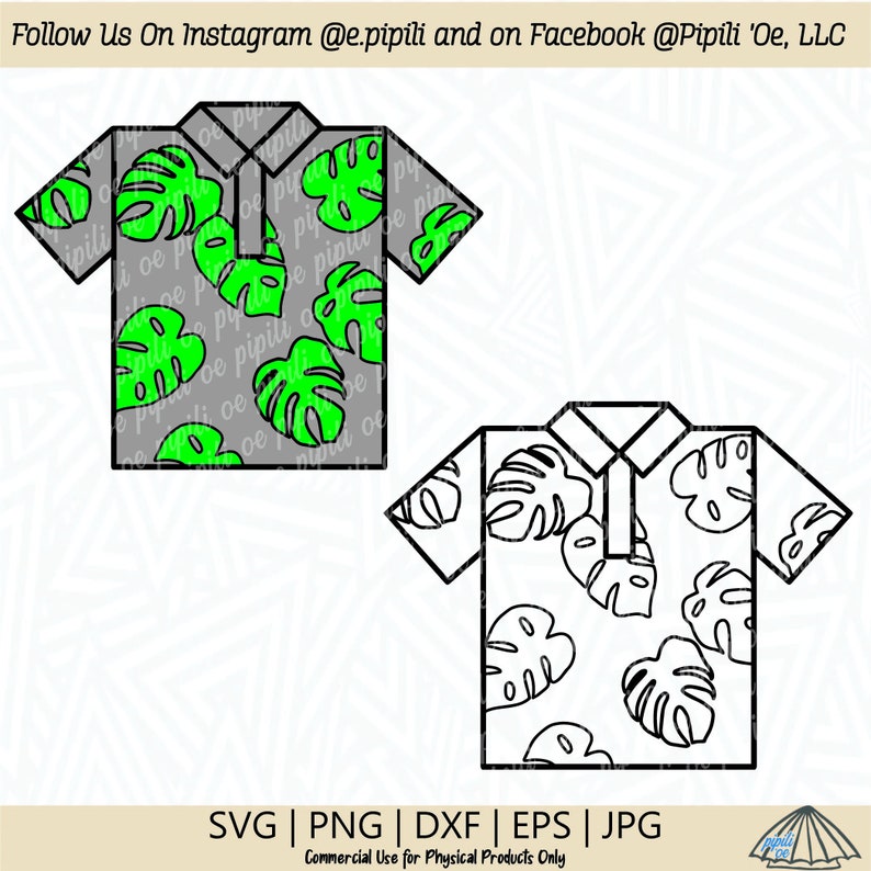 May include: Two images of a shirt with a tropical leaf pattern. The first image shows a gray shirt with green leaves. The second image shows a white shirt with black leaves. The text "SVG | PNG | DXF | EPS | JPG" is at the bottom of the image.