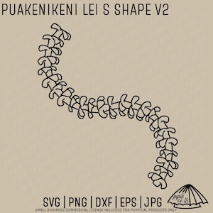 May include: Black and white line art illustration of a lei shape, a traditional Hawaiian garland, in the form of a 'S'. The text 'PUAKENIKENI LEI S SHAPE V2' is at the top of the image.