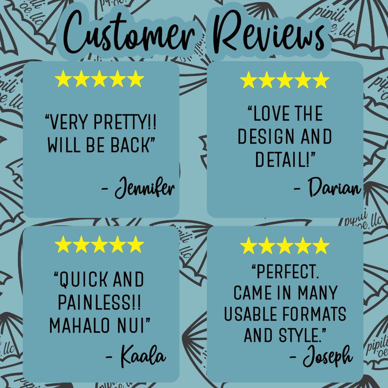 May include: Four customer reviews with five-star ratings and positive comments. The reviews highlight the product's beauty, design, ease of use, and versatility. The reviews are displayed on a blue background with a white border.