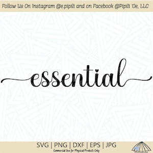 May include: Black and white cursive text that reads "essential" with a small heart symbol above the "t". The text is on a white background with a pattern of small stars.