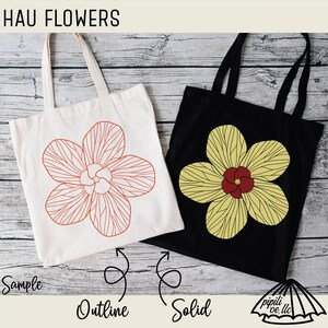 May include: Two tote bags with floral designs. One is off-white with a red outline flower, the other is black with a yellow and red solid flower. Text at the top reads "HAU FLOWERS". The bottom text reads "Sample", "Outline", and "Solid".