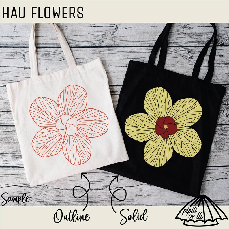 May include: Two tote bags with floral designs. One is off-white with a red outline flower, the other is black with a yellow and red solid flower. Text at the top reads "HAU FLOWERS". The bottom text reads "Sample", "Outline", and "Solid".