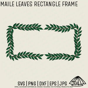 May include: A rectangular frame graphic composed of green maile leaves. The text "MAILE LEAVES RECTANGLE FRAME" appears at the top. At the bottom, the text "SVG | PNG | DXF | EPS | JPG" is displayed alongside a small logo and text regarding licensing.