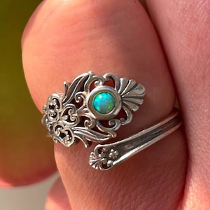 Spoon Ring with Green Opal in Silver, Boho Ring, Stone Ring, Spoon Ring, Opal Ring, Adjustable Spoon Ring, Opal Spoon Ring, Spoon Rings