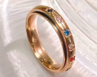Rainbow Spinner Ring, Gemstone Spinner Ring, Rose Gold Fidget Ring,  Rose Gold Anxiety Ring, Gemstone Ring Rose Gold, Gift for Daughter,