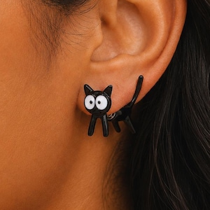 Cartoon Cat Stud Earrings, Cute Peeking Through-Ear Studs, Black Kawaii Cat Jewelry, Quirky Cat Lover Gift