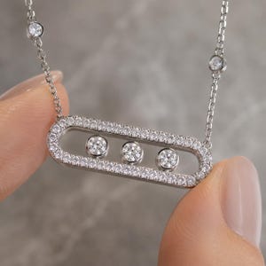 Sliding Three Stone Necklace, Moving CZ Pave Bar Pendant, Gold or Silver Layering Necklace, Dainty Minimalist Gift for Her, Anniversary Gift