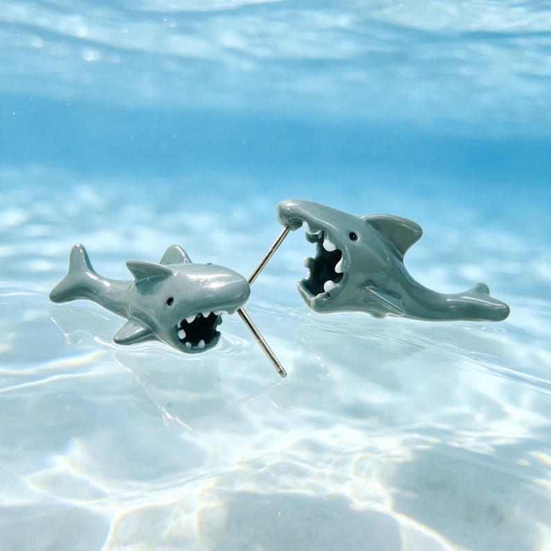 Shark Earrings, Funny Shark Bite Stud for Women, Quirky Sea Animal Jewelry, Ocean Lover Gift, Enamel Marine Biologist Present image 3