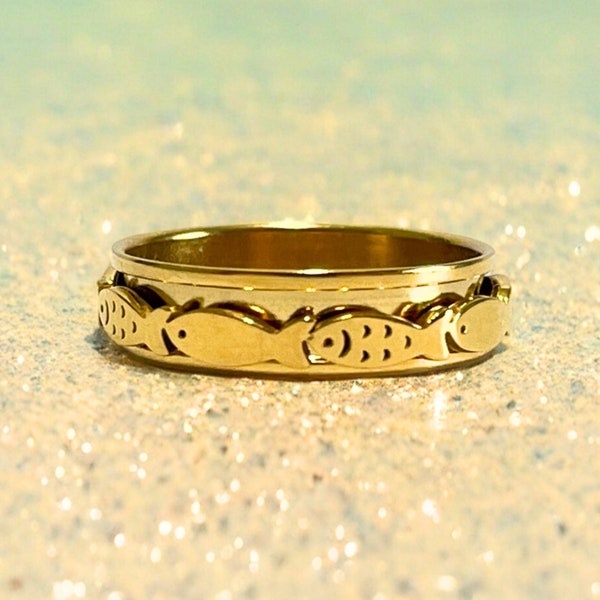 Gold Swimming Fish Spinner Ring: Stainless Steel Anxiety Ring, Waterproof Tarnish-Free