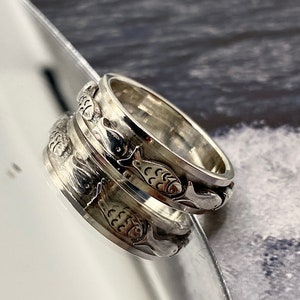 Swimming Fish Spinner Ring, Fish Ring, Fishing Lovers Ring, Fish Ring, Anxiety Ring Sterling Silver Fidget, Animal Ring, for Him, for Her,
