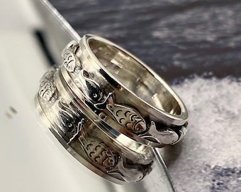 Bague poisson nageur, bague poisson, bague pour amateurs de pêche, bague poisson, bague anxiété en argent sterling, bague animal, pour lui, pour elle,