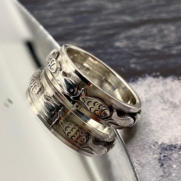 Sterling Silver Swimming Fish Spinner Ring: Anxiety Fidget Jewelry