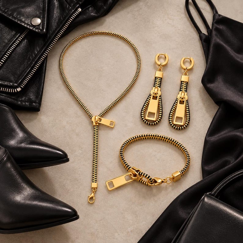 May include: A jewelry set consisting of a necklace, a bracelet, and a pair of drop earrings. Each piece is crafted from black zipper teeth with gold-toned metal accents, featuring a prominent gold zipper pull tab as a central design element.