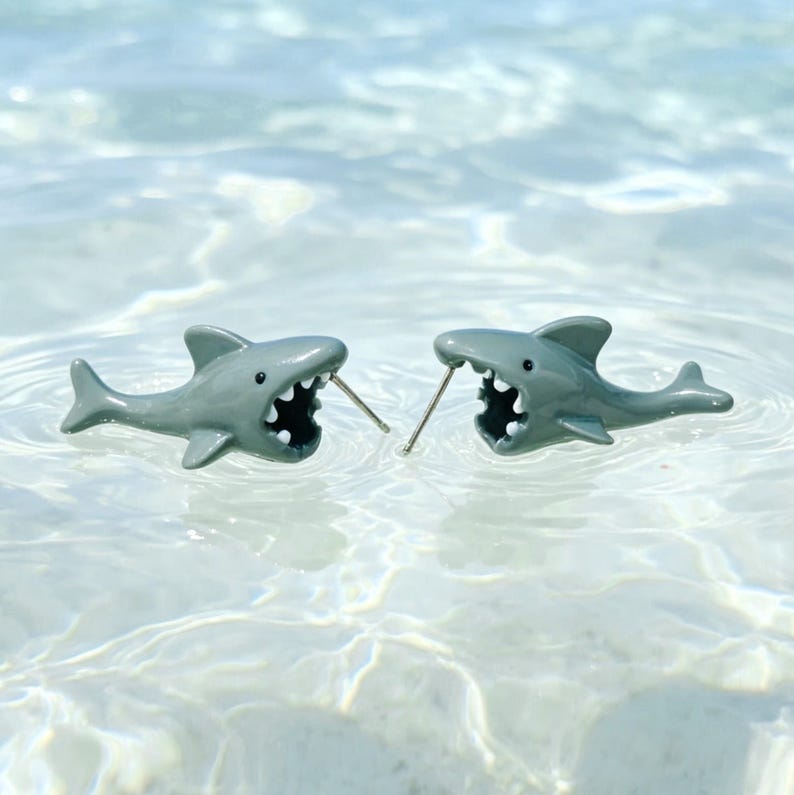 Shark Earrings, Funny Shark Bite Stud for Women, Quirky Sea Animal Jewelry, Ocean Lover Gift, Enamel Marine Biologist Present image 2