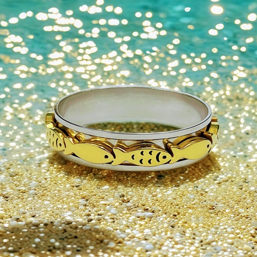 Gold und Silber Edelstahl Schwimmen Fisch Spinner Ring: Angst Fidget Band, wasserdicht tarnish-frei