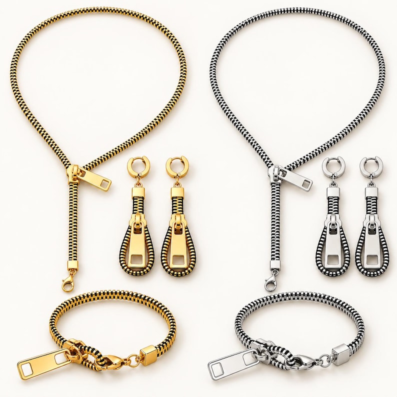 May include: Two jewelry sets, one gold-toned and one silver-toned, each consisting of a necklace, a bracelet, and a pair of drop earrings. Each piece is designed to resemble a zipper, featuring interlocking teeth, a pull tab, and a slider.