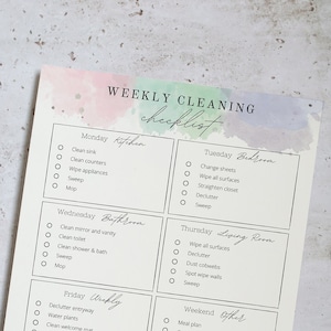 Editable Cleaning Routine • Watercolour Home Cleaning Checklist • Weekly Cleaning Schedule • Chore Chart • Weekly Tasks