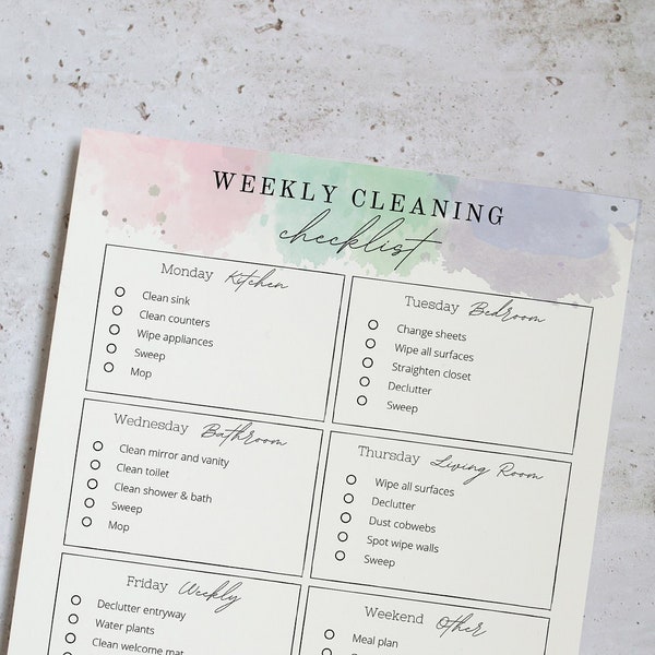 Editable Cleaning Routine • Watercolour Home Cleaning Checklist • Weekly Cleaning Schedule • Chore Chart • Weekly Tasks