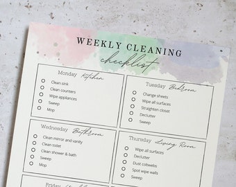 Editable Cleaning Routine • Watercolour Home Cleaning Checklist • Weekly Cleaning Schedule • Chore Chart • Weekly Tasks