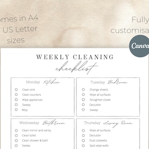 May include: A printable weekly cleaning checklist with a black and white design. The checklist is divided into four sections: Monday Kitchen, Tuesday Bedroom, Wednesday Bathroom, and Thursday Living Room. Each section lists cleaning tasks with checkboxes.