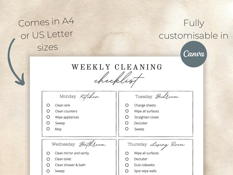 May include: A printable weekly cleaning checklist with a black and white design. The checklist is divided into four sections: Monday Kitchen, Tuesday Bedroom, Wednesday Bathroom, and Thursday Living Room. Each section lists cleaning tasks with checkboxes.