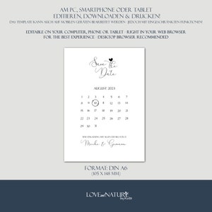 May include: A black and white save the date card with a calendar for August 2023. The date August 10th is highlighted. The text "Save the Date" is written in cursive with a heart above the word "Date". The text "Macke & Guman" is written in cursive below the calendar. The card is formatted in DIN A6 (105 x 148 mm).